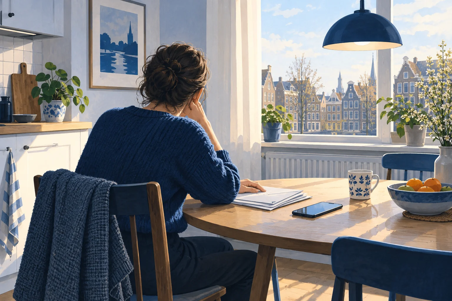 Illustratie in blauwtinten van een volwassene die thuis aan tafel zit met papieren en een telefoon.