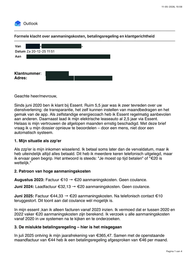 Openbare kopie van mijn eerste schriftelijke klacht aan Essent, van 20 december 2025.