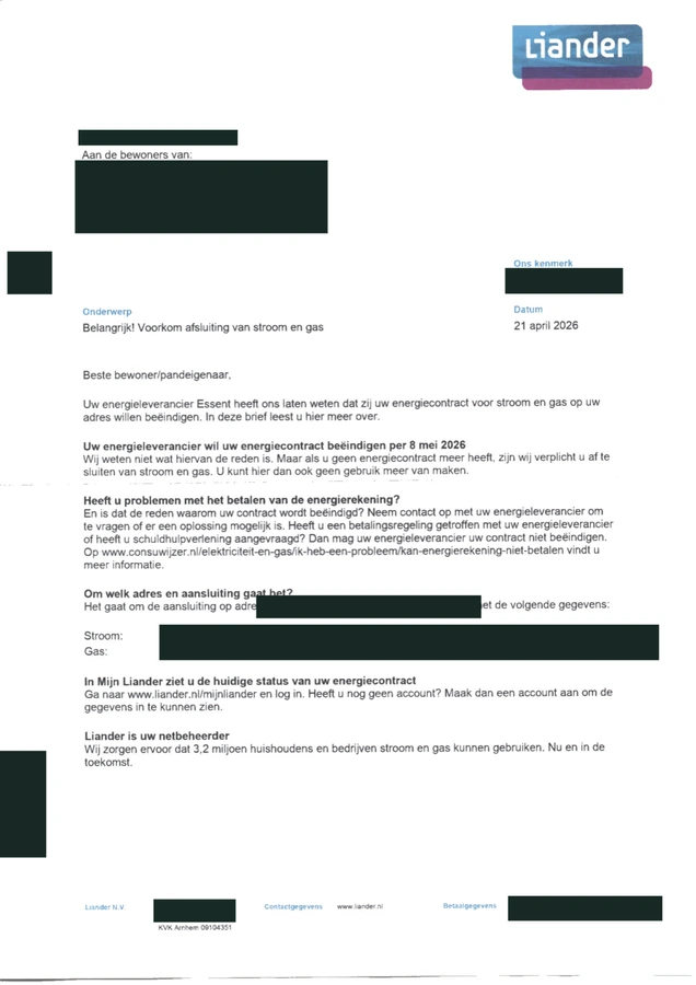 Voorbeeld van Liander: waarschuwing over einde energiecontract, persoonsgegevens afgeschermd.